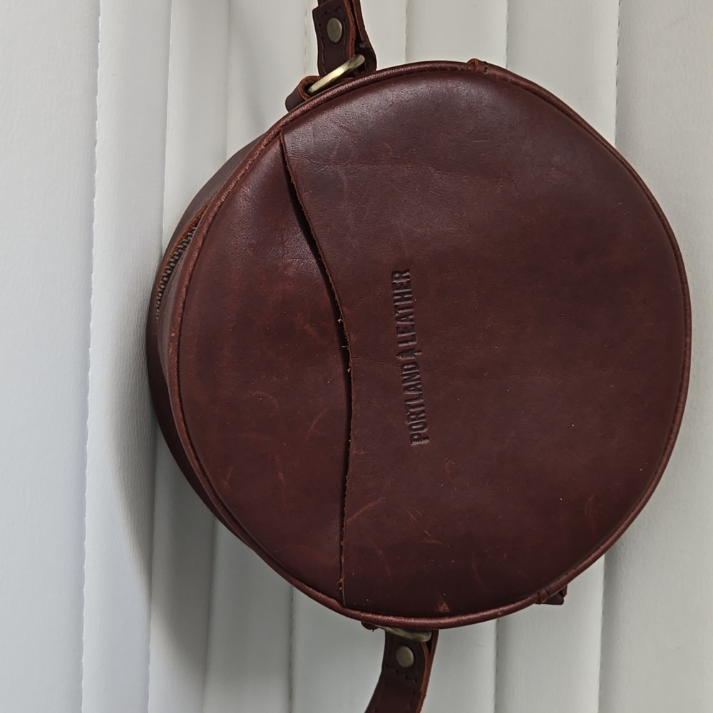 Portland leather medium round purse long strap cross body